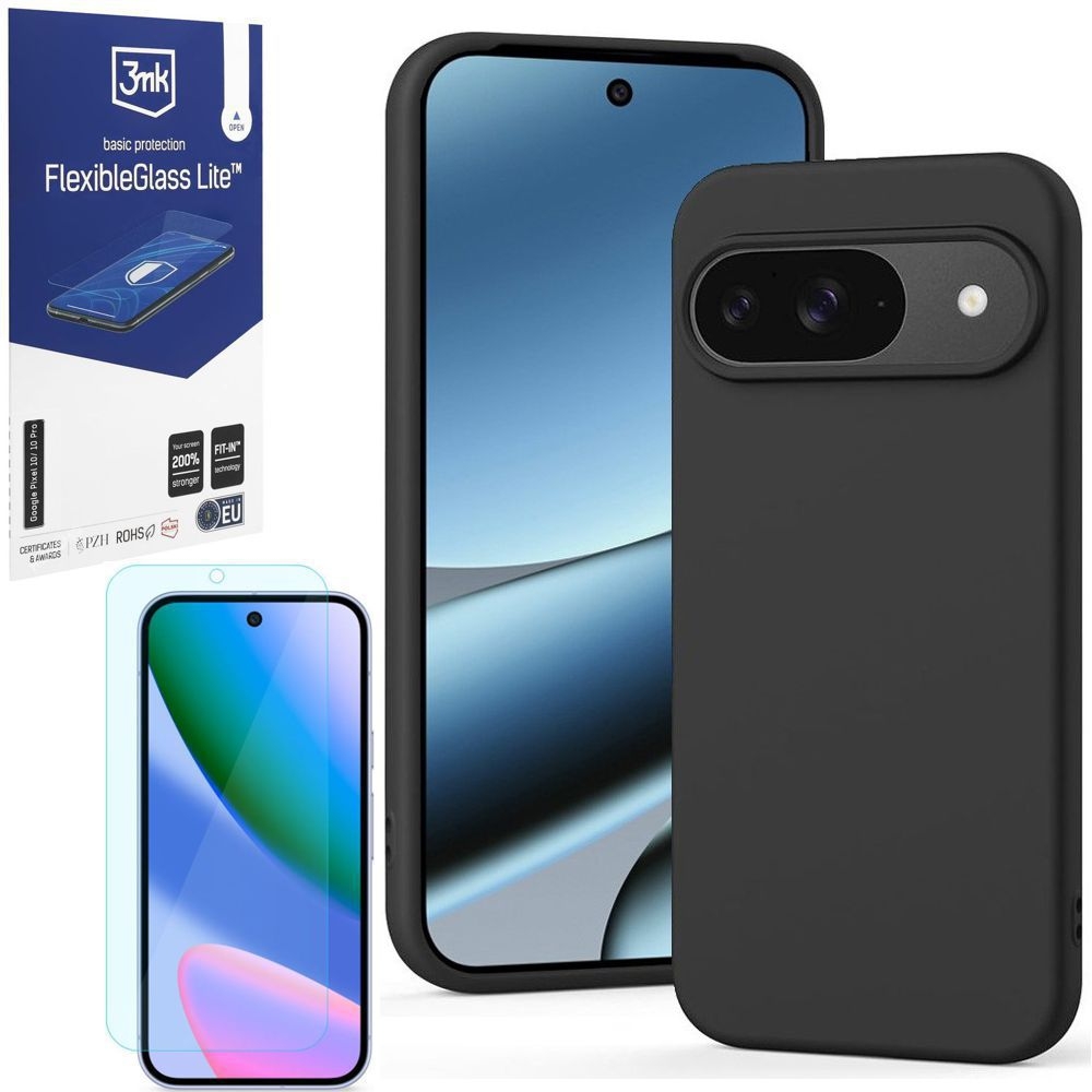 Etui Matt Silicone Case | Czarne + SZKŁO 3mk Flexible Glass Lite do Google Pixel 10 / 10 Pro