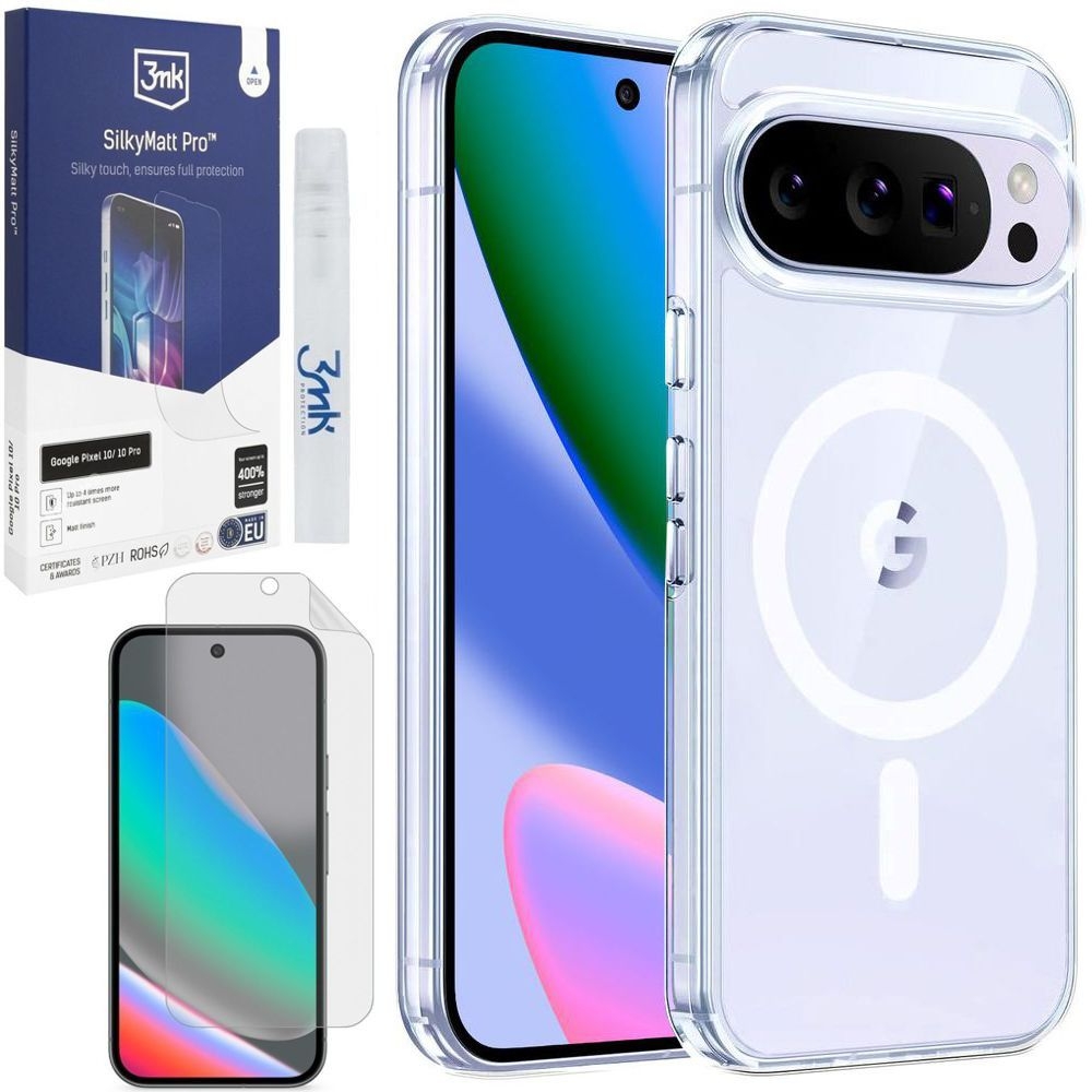 Etui 3mk Armor MagCase z Qi2 PixelSnap | Clear + FOLIA 3mk SilkyMatt do Google Pixel 10 / 10 Pro