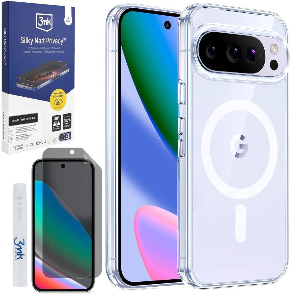 Etui 3mk Armor MagCase z Qi2 PixelSnap | Clear + FOLIA 3mk Silky Matt Privacy do Google Pixel 10 / 10 Pro
