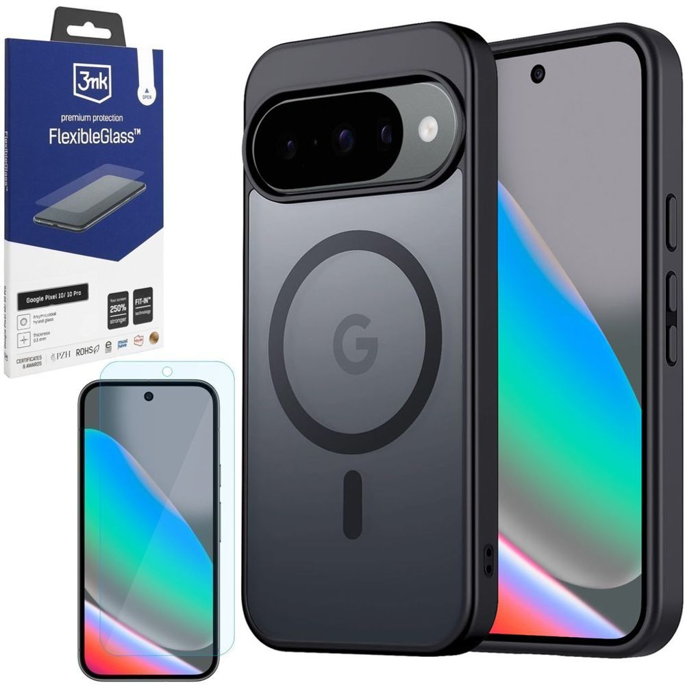 Etui Hybrydowe Matte Case z Qi2 PixelSnap | Black + SZKŁO 3mk Flexible Glass do Google Pixel 10 / 10 Pro