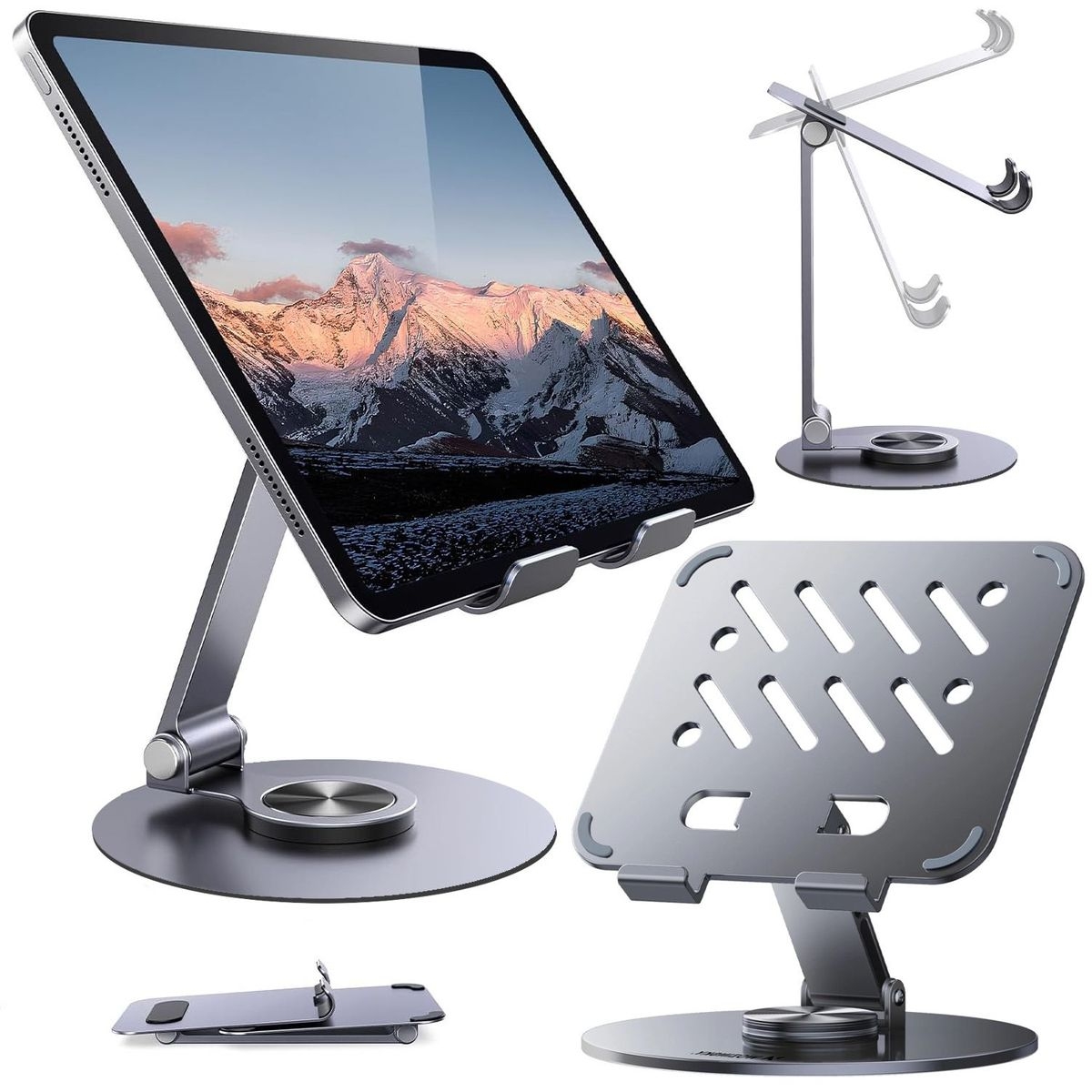 Aluminiowy Uchwyt Stojak na Tablet | Obrotowy Regulowany | Grafitowy