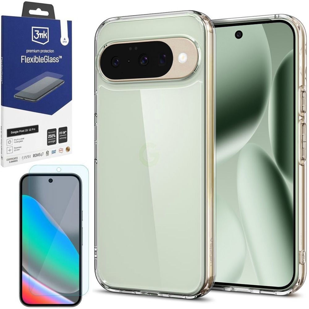 Etui SPIGEN Ultra Hybrid | Crystal Clear + SZKŁO 3mk Flexible Glass do Google Pixel 10 / 10 Pro