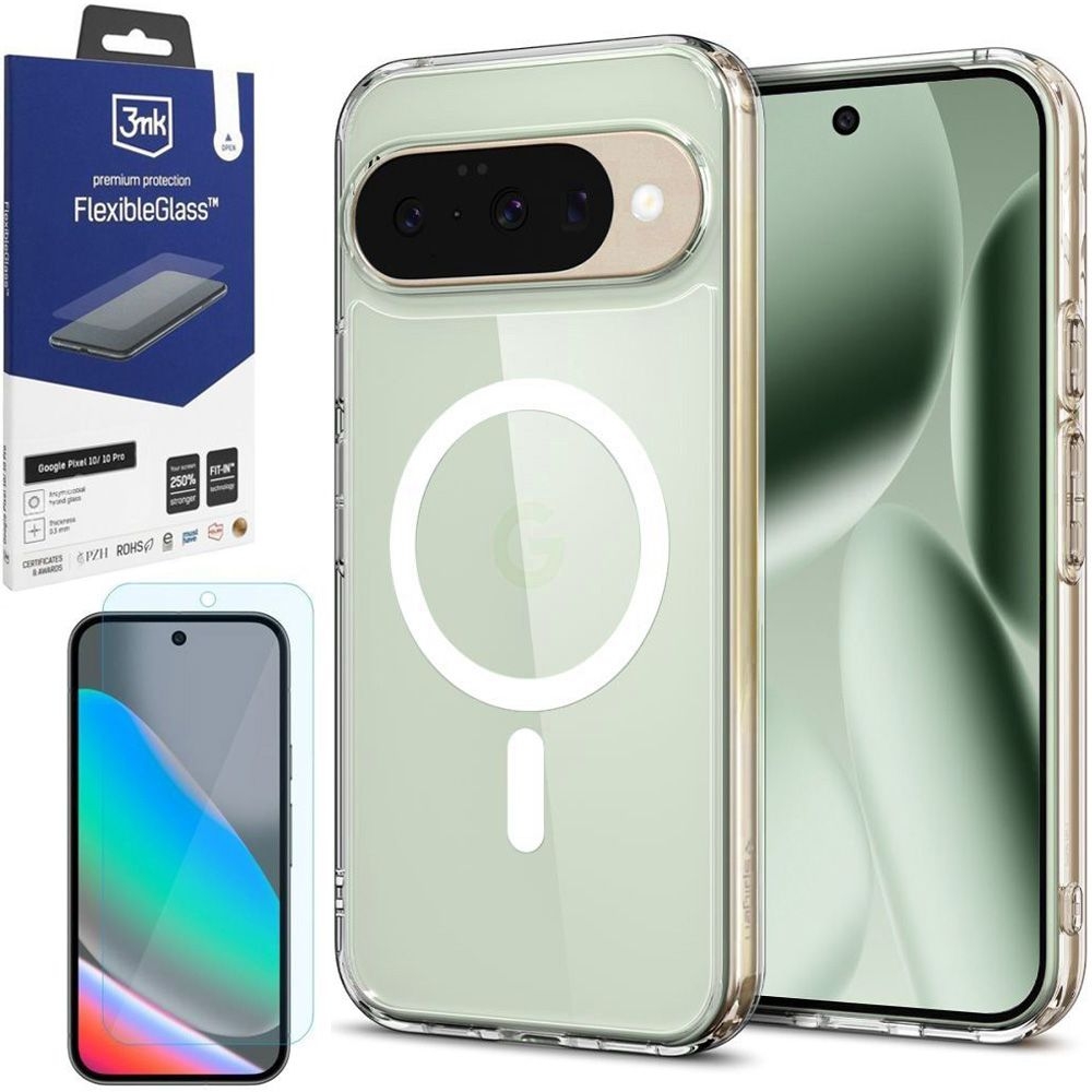 Etui SPIGEN Ultra Hybrid PixelSnap | Clear White + SZKŁO 3mk Flexible Glass do Google Pixel 10 / 10 Pro