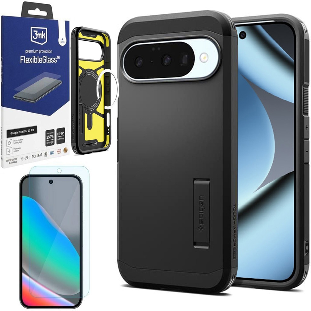 Pancerne Etui SPIGEN Tough Armor PixelSnap | Black + SZKŁO 3mk Flexible Glass do Google Pixel 10 / 10 Pro