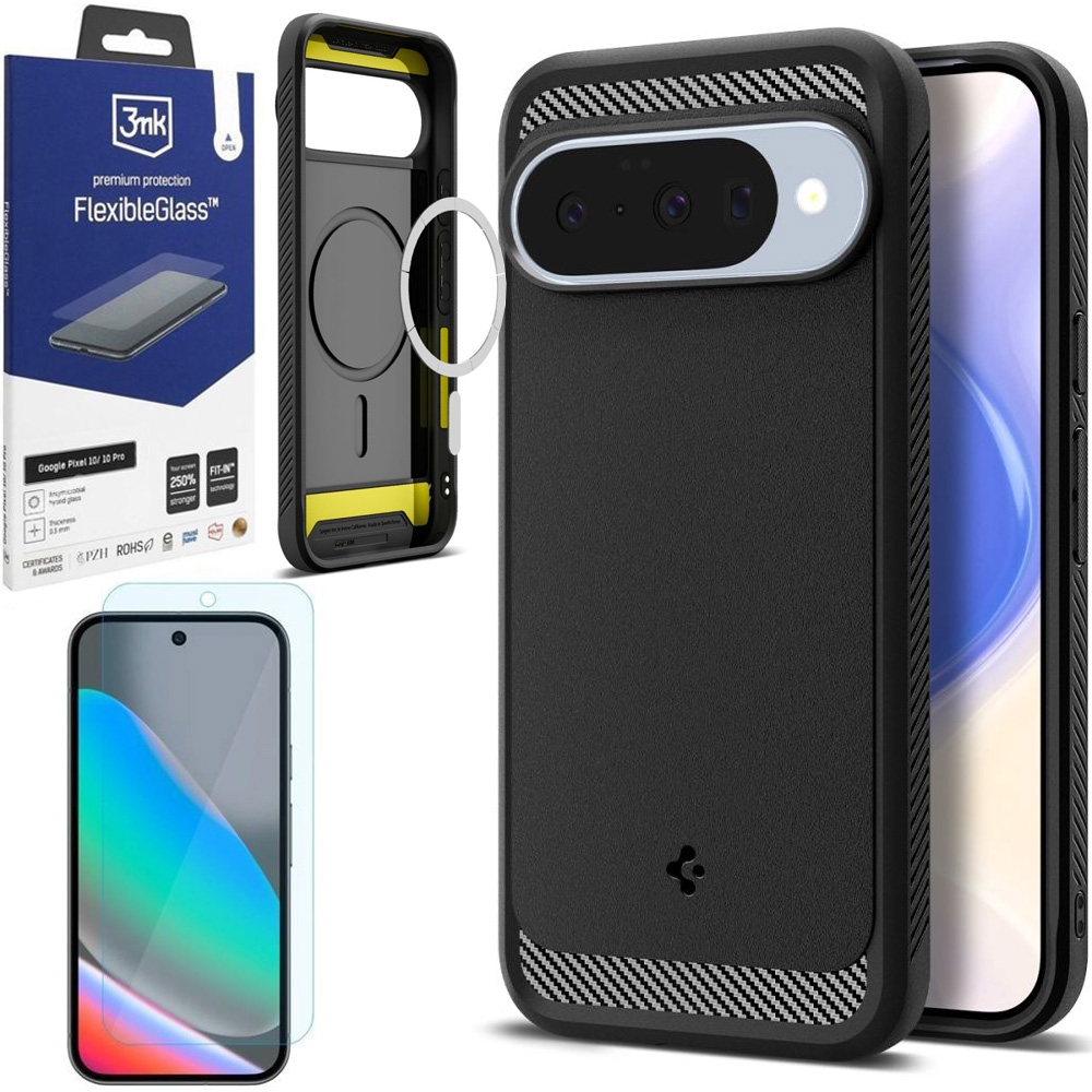 Etui SPIGEN Rugged Armor PixelSnap | Black + SZKŁO 3mk Flexible Glass do Google Pixel 10 / 10 Pro