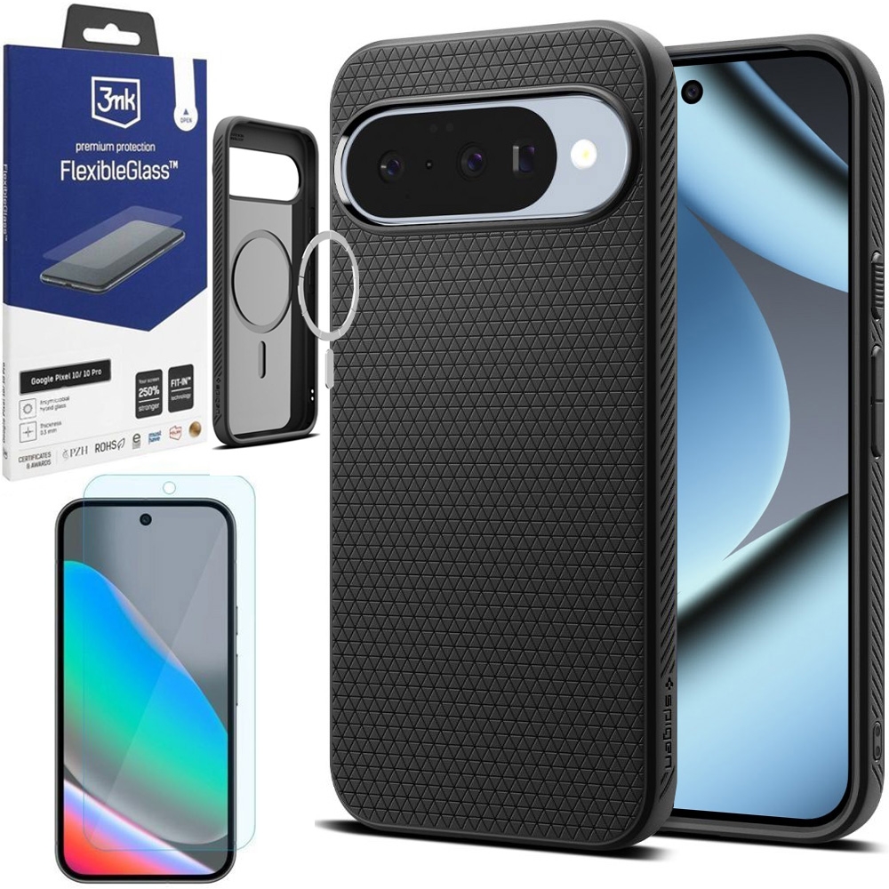 Etui SPIGEN Liquid Air PixelSnap | Black + SZKŁO 3mk Flexible Glass do Google Pixel 10 / 10 Pro