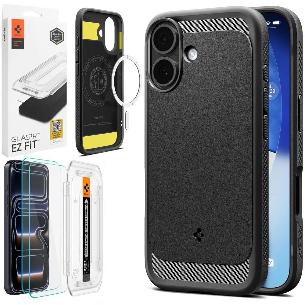 Etui SPIGEN Rugged Armor MagSafe | Black + 2x SZKŁO Spigen do Apple iPhone 17 |