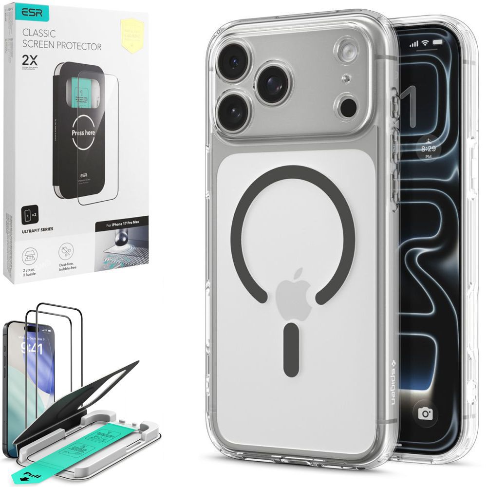 Etui SPIGEN Ultra Hybrid MagSafe | Clear Graphite + 2x SZKŁO ESR do Apple iPhone 17 Pro Max