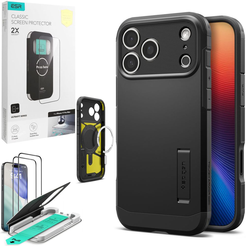 Pancerne Etui SPIGEN Tough Armor „T” z MagSafe | Black + 2x SZKŁO ESR do Apple iPhone 17 Pro Max