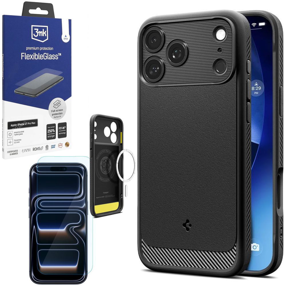 Etui SPIGEN Rugged Armor MagSafe | Black + SZKŁO 3mk do Apple iPhone 17 Pro Max