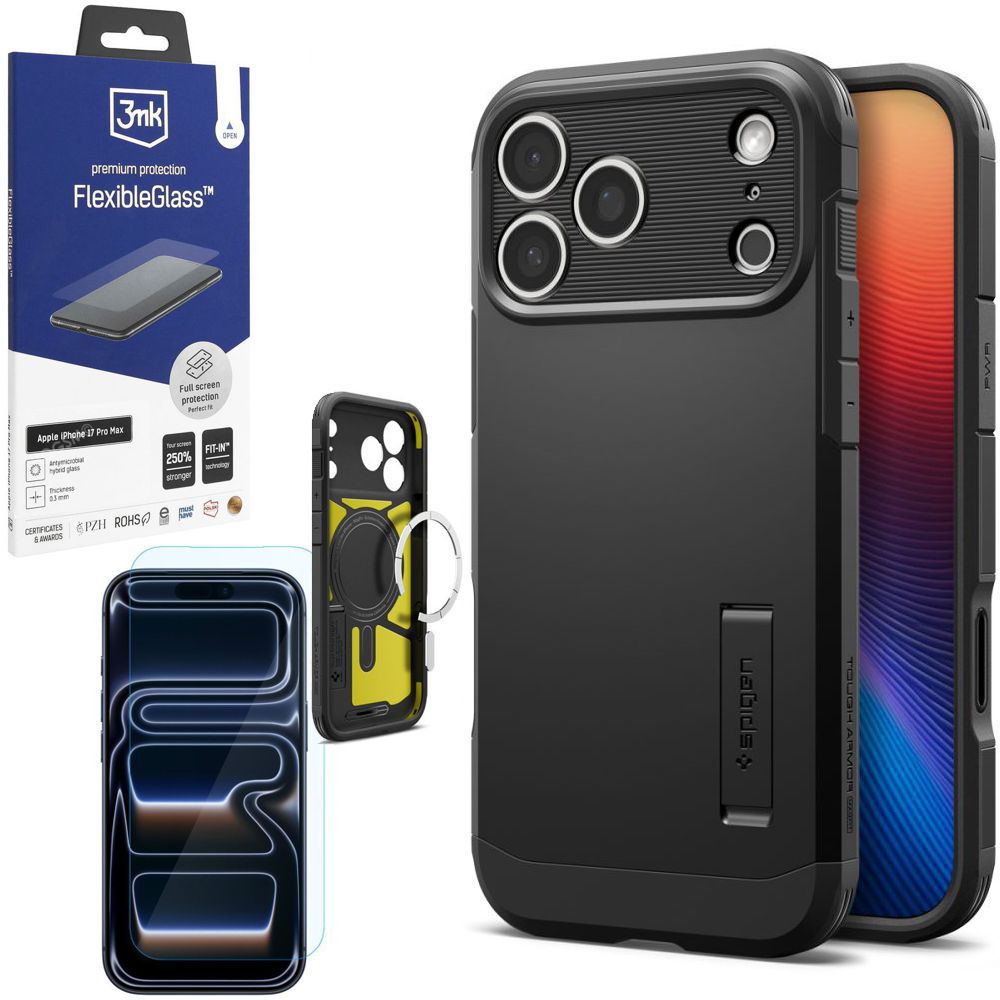 Pancerne Etui SPIGEN Tough Armor „T” z MagSafe | Black + SZKŁO 3mk do Apple iPhone 17 Pro Max
