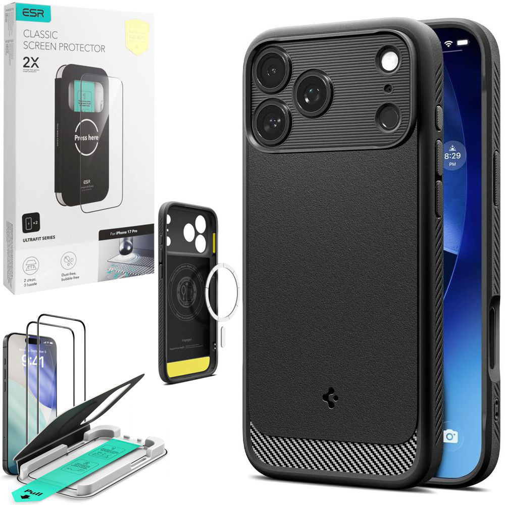 Etui SPIGEN Rugged Armor MagSafe | Black + 2x SZKŁO ESR do Apple iPhone 17 Pro |
