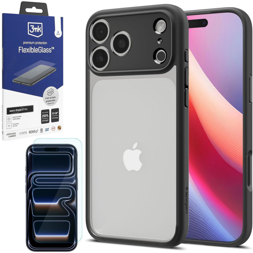 Etui SPIGEN Ultra Hybrid | Matte Black + SZKŁO 3mk do Apple iPhone 17 Pro |