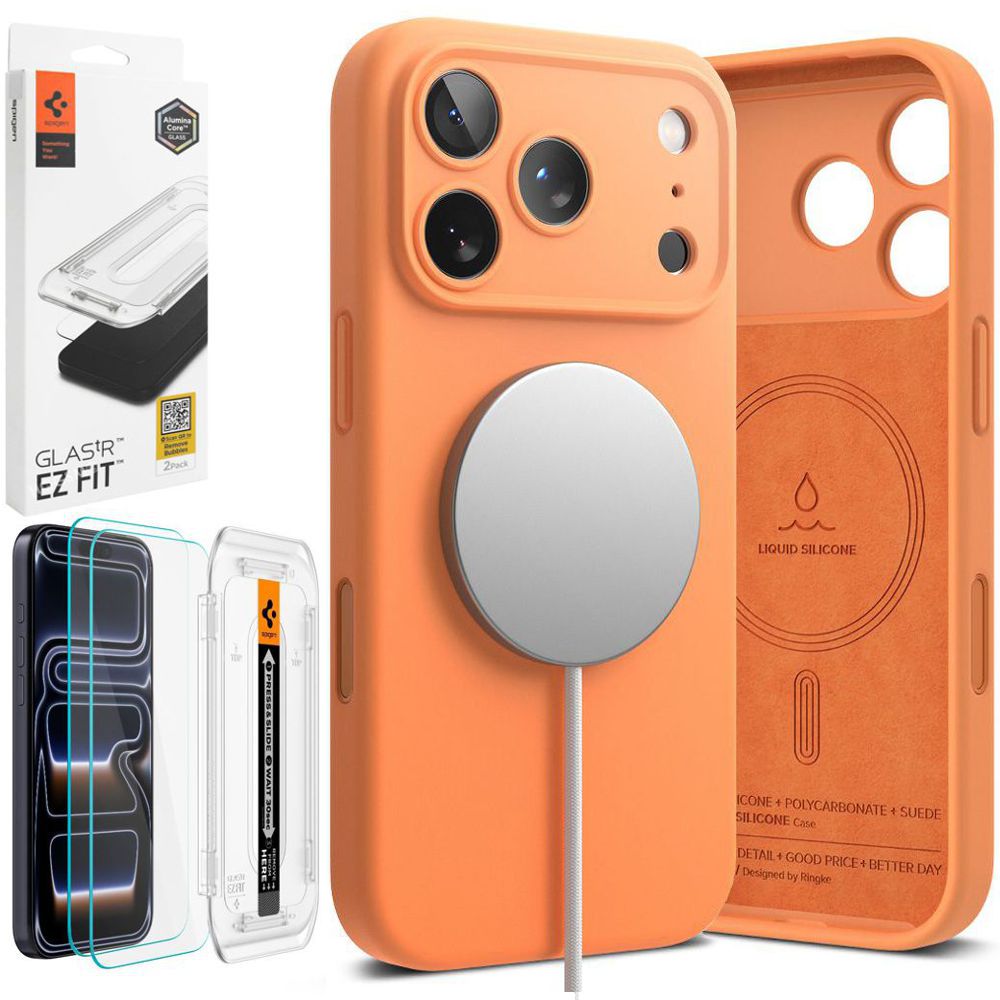 Etui RINGKE Silicone Magnetic | Tangerine + 2x SZKŁO Spigen do Apple iPhone 17 Pro |