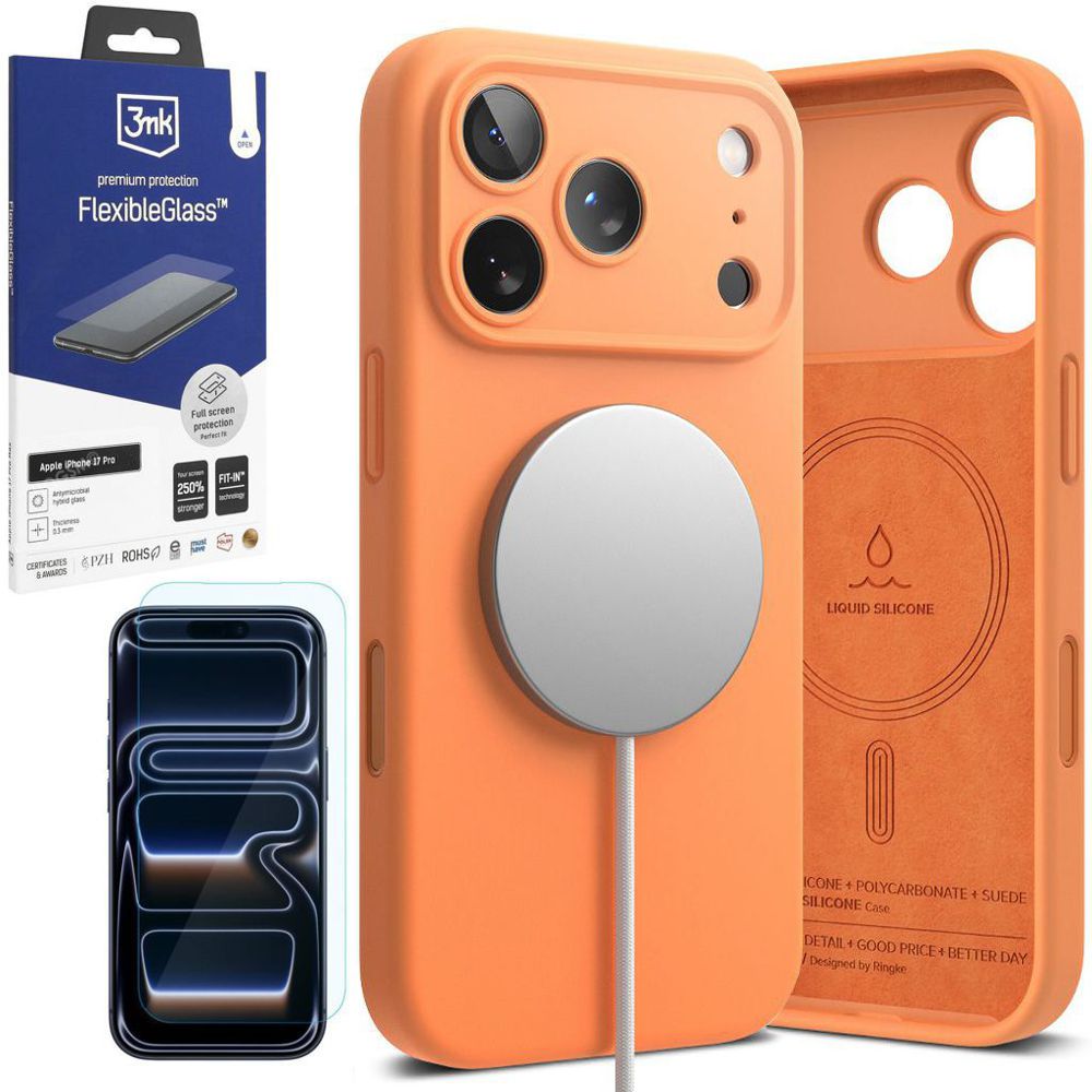 Etui RINGKE Silicone Magnetic | Tangerine + SZKŁO 3mk do Apple iPhone 17 Pro |