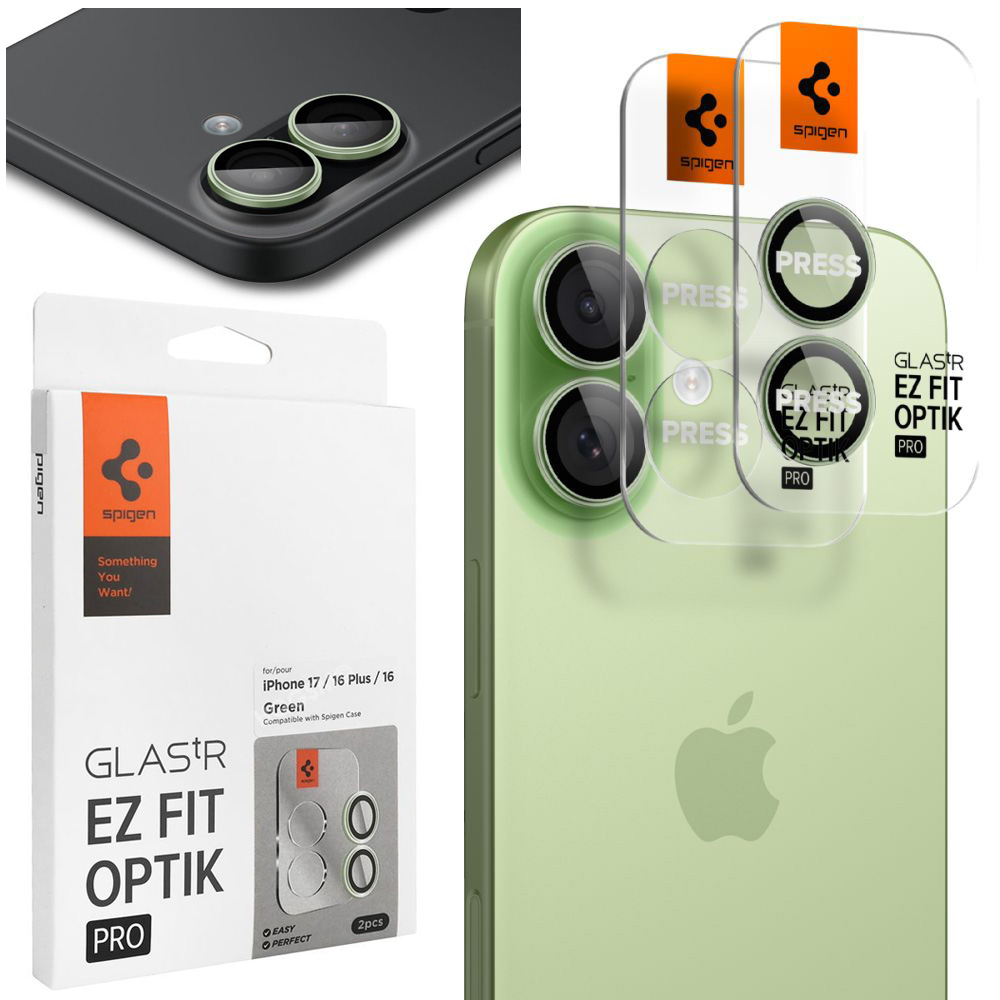 2x SPIGEN EZ Fit OPTIK Pro | Osobne Szkła Hartowane na Aparat | Green do Apple iPhone 17 |