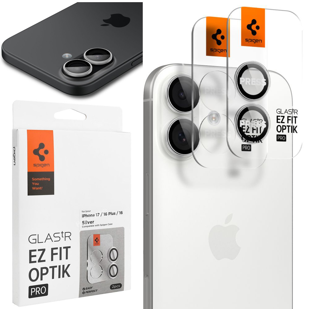 2x SPIGEN EZ Fit OPTIK Pro | Osobne Szkła Hartowane na Aparat | Silver do Apple iPhone 17 |