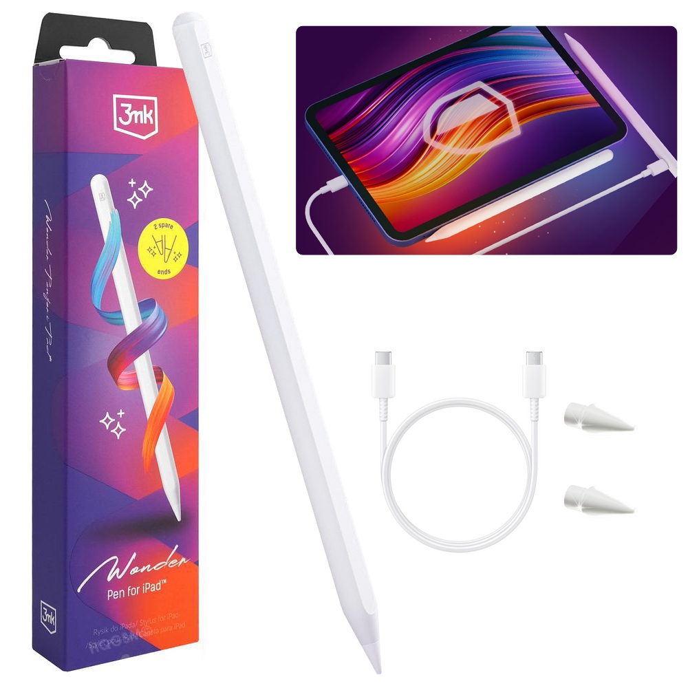 3mk Wonder Pen | Aktywny Rysik 2w1 Ładowanie Bezprzewodowe + USB-C | 2 Końcówki do Apple iPad
