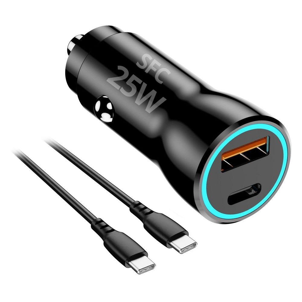 Szybka Ładowarka Samochodowa USB-A USB-C PD QC 3.0 SFC | 25W | Czarna + Kabel 100cm