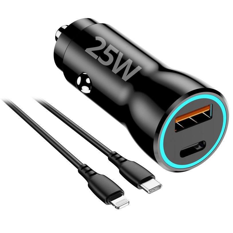 Szybka Ładowarka Samochodowa USB-A USB-C PD QC 3.0 | 25W | Czarna + Kabel Apple Lightning 100cm