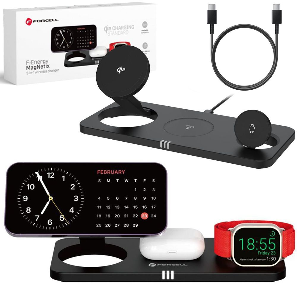 Forcell | Stacja Indukcyjna 3w1 z MagSafe | Ładowarka Bezprzewodowa Pozioma USB-C