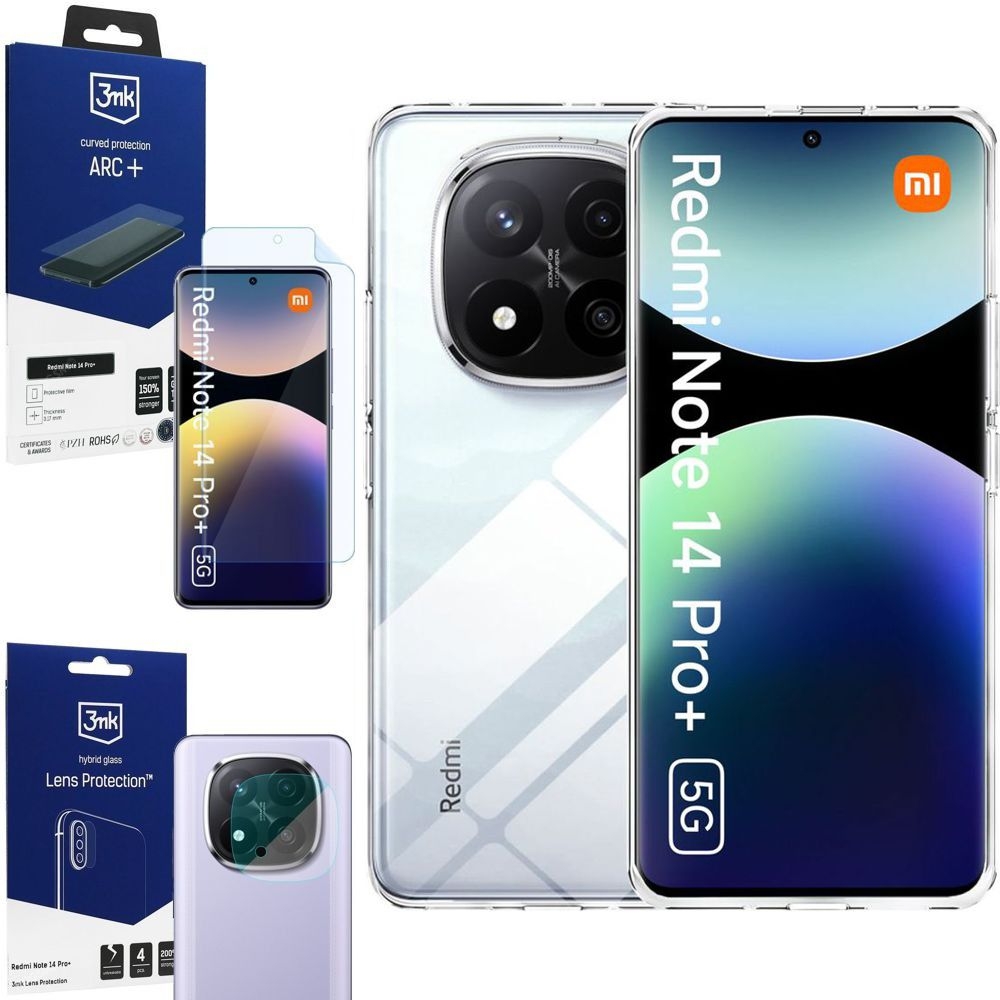 Etui 3mk Clear Case | Bezbarwne + FOLIA 3mk + 4x APARAT do Xiaomi Redmi Note 14 Pro+ Plus 5G
