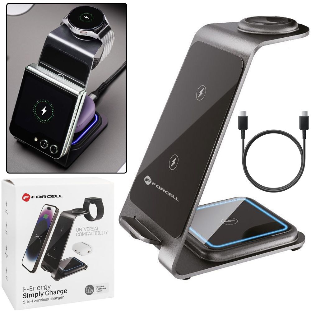 Forcell | Aluminiowa Ładowarka Bezprzewodowa z Qi 15W | 3w1 do Telefonu Zegarka Słuchawek
