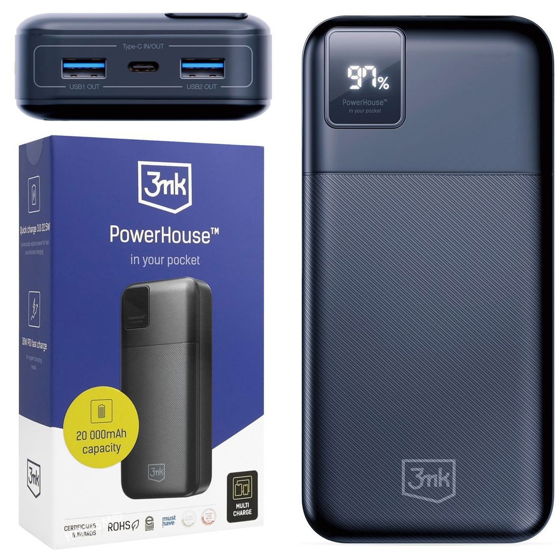 3mk PowerHouse | Powerbank z Wyświetlaczem | 2x USB USB-C Quick Charge 3.0 | 20000mAh