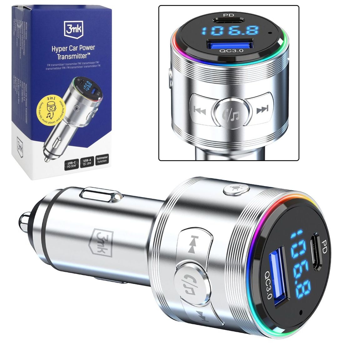 3mk Hyper Car 3w1 | Transmiter FM Bluetooth 5.3 + Ładowarka Samochodowa USB USB-C 48W