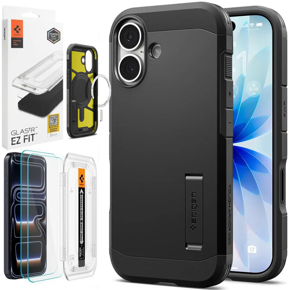 Pancerne Etui SPIGEN Tough Armor „T” z MagSafe | Black + 2x SZKŁO Spigen do Apple iPhone 17 |