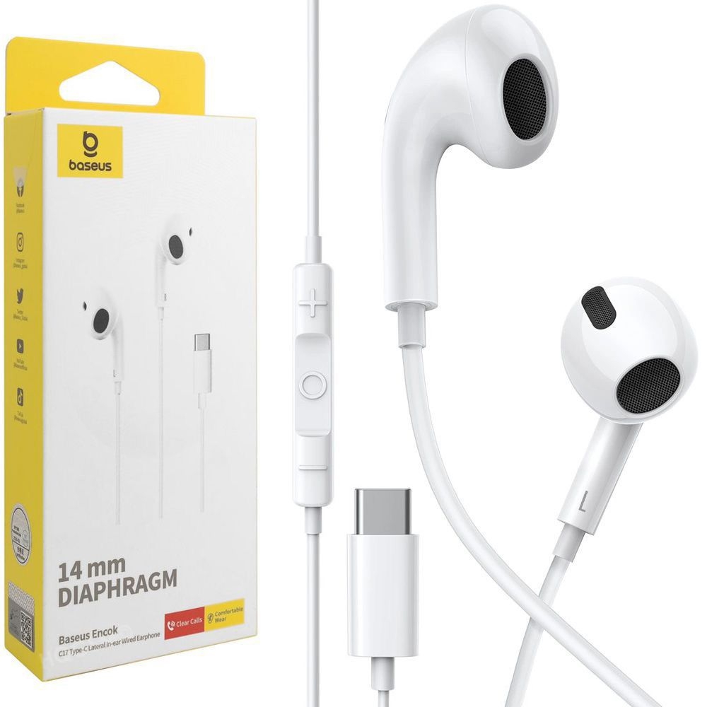 Baseus Encok | Dokanałowe Słuchawki Przewodowe z Pilotem i Mikrofonem | DAC USB-C | Białe
