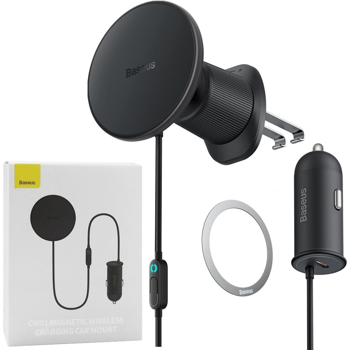 Baseus | Zaciągany Magnetyczny Uchwyt Ładujący 15W LED | do Kratki + Ładowarka Samochodowa 25W