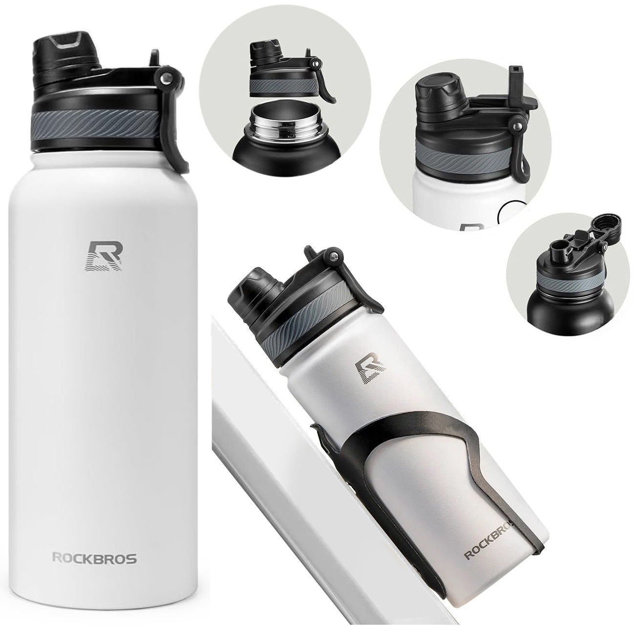 Rockbros | Bidon Termiczny Termos Rowerowy do Uchwytu | 950ml | Biały