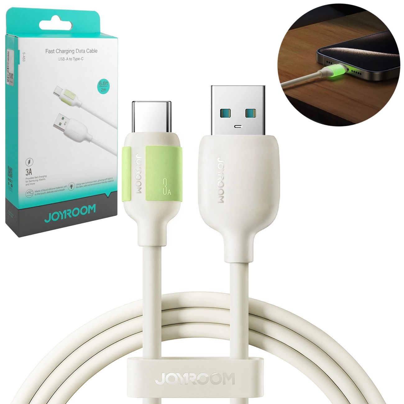 Joyroom | Szybki Kabel USB-A na USB-C PD 3A z Fluorescencyjną Końcówką | 200cm