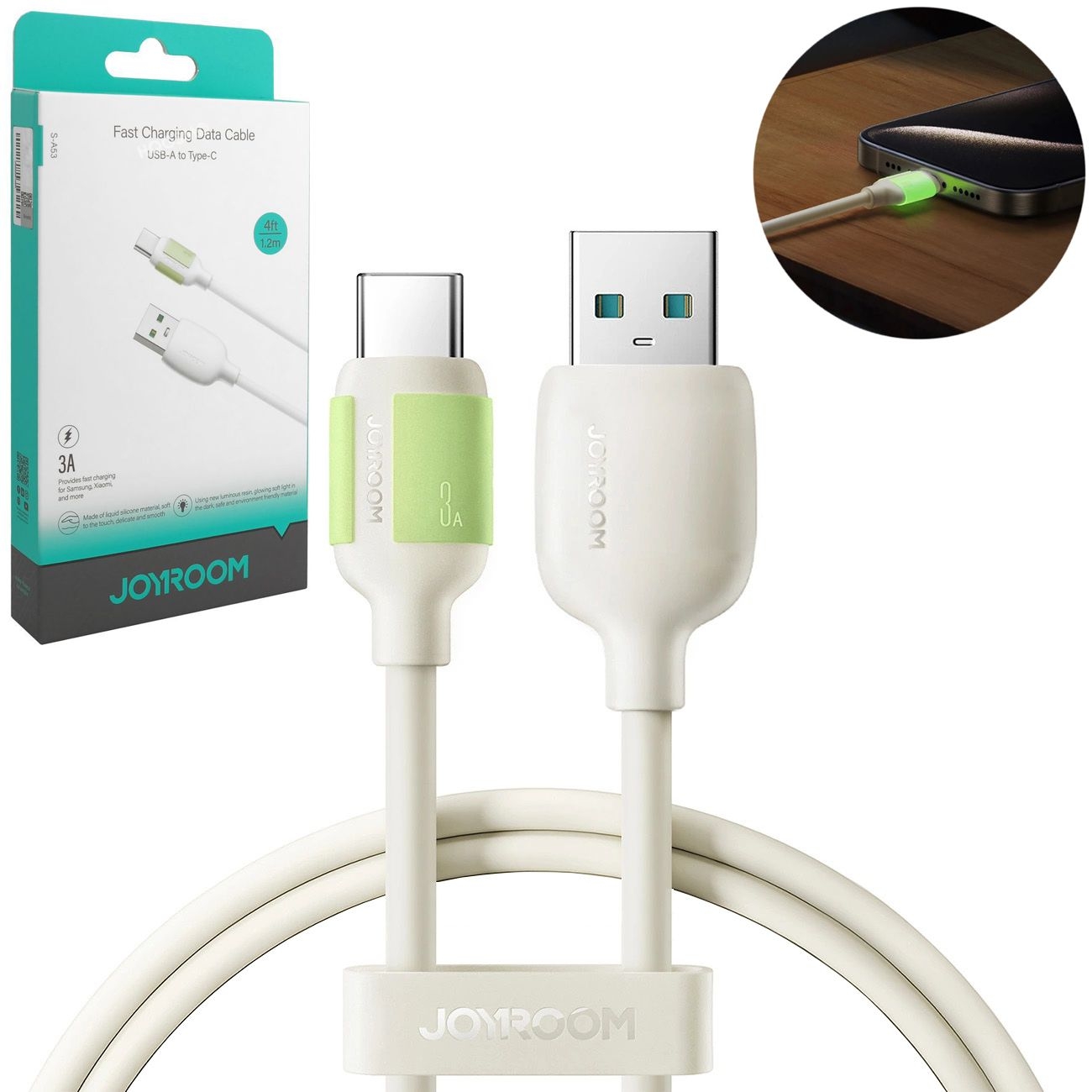 Joyroom | Szybki Kabel USB-A na USB-C PD 3A z Fluorescencyjną Końcówką | 120cm