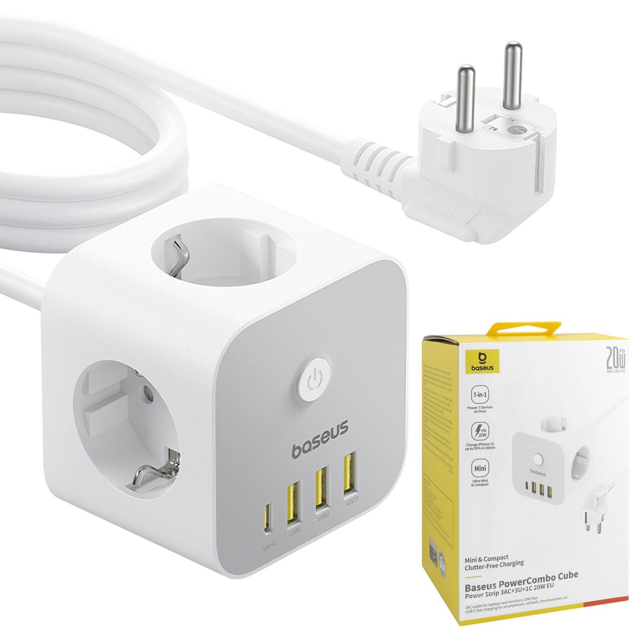 Baseus | Listwa Zasilająca Rozdzielacz Gniazdko Kostka 3x AC Schuko 3x USB-A USB-C z Przyciskiem Wyłączania