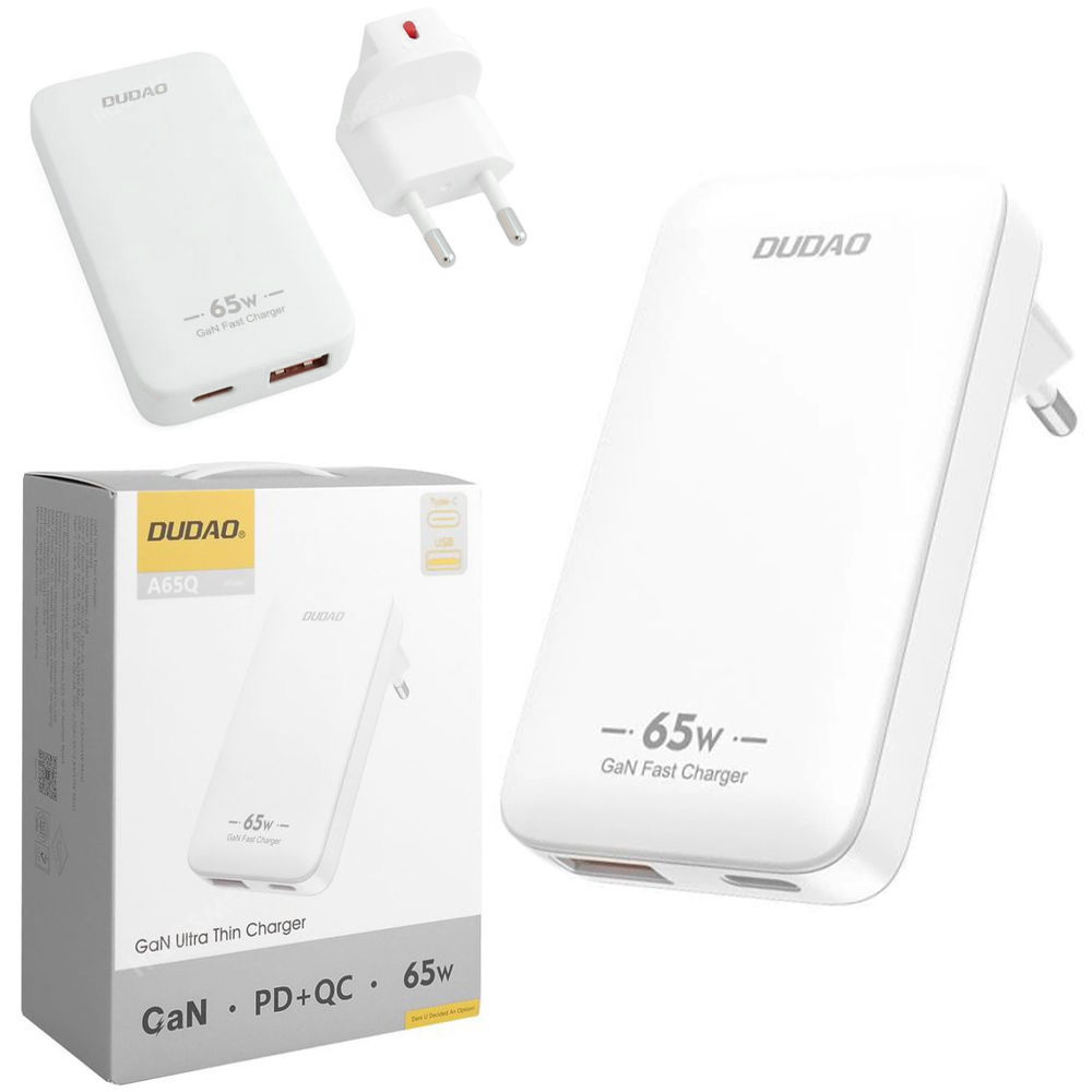 Dudao | Ultra Cienka Ładowarka Sieciowa USB-C USB | PD QC GaN 65W | EU US | Biała