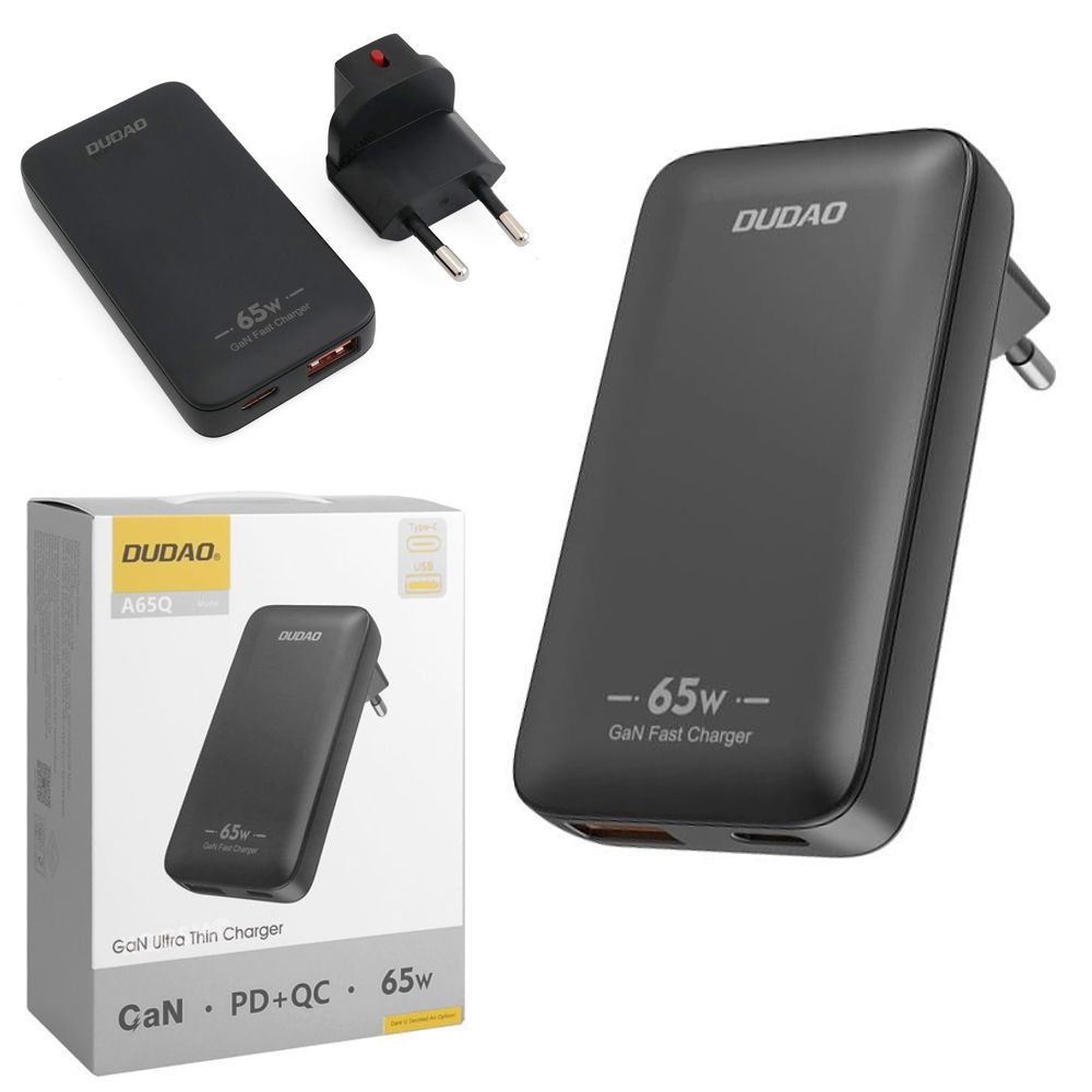 Dudao | Ultra Cienka Ładowarka Sieciowa USB-C USB | PD QC GaN 65W | EU US | Czarna