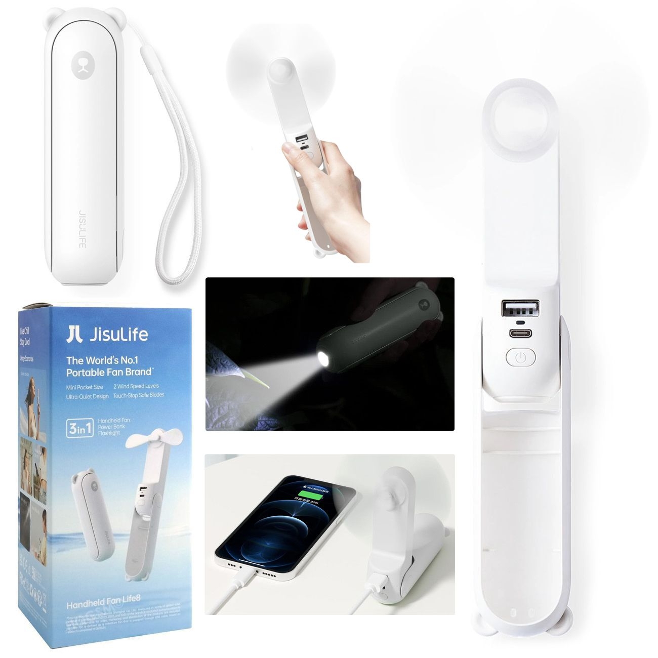 JisuLife Life8 | Składany Mini Wiatrak Wentylator | Power Bank USB-C 2000mAh + Latarka