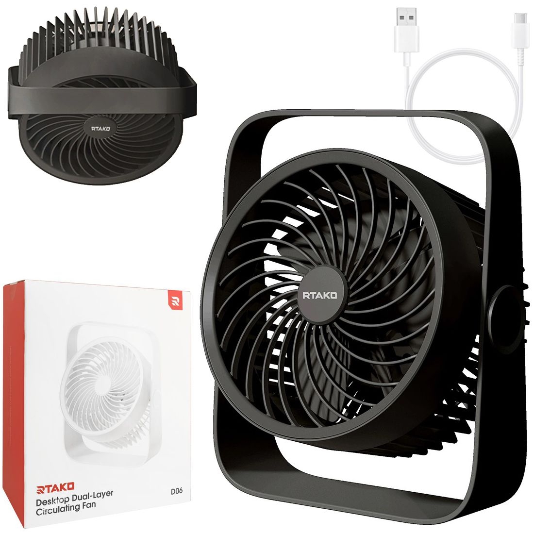 Rtako D06 | Mocny Mały Wentylator USB-C | Biurkowy Ścienny | Czarny