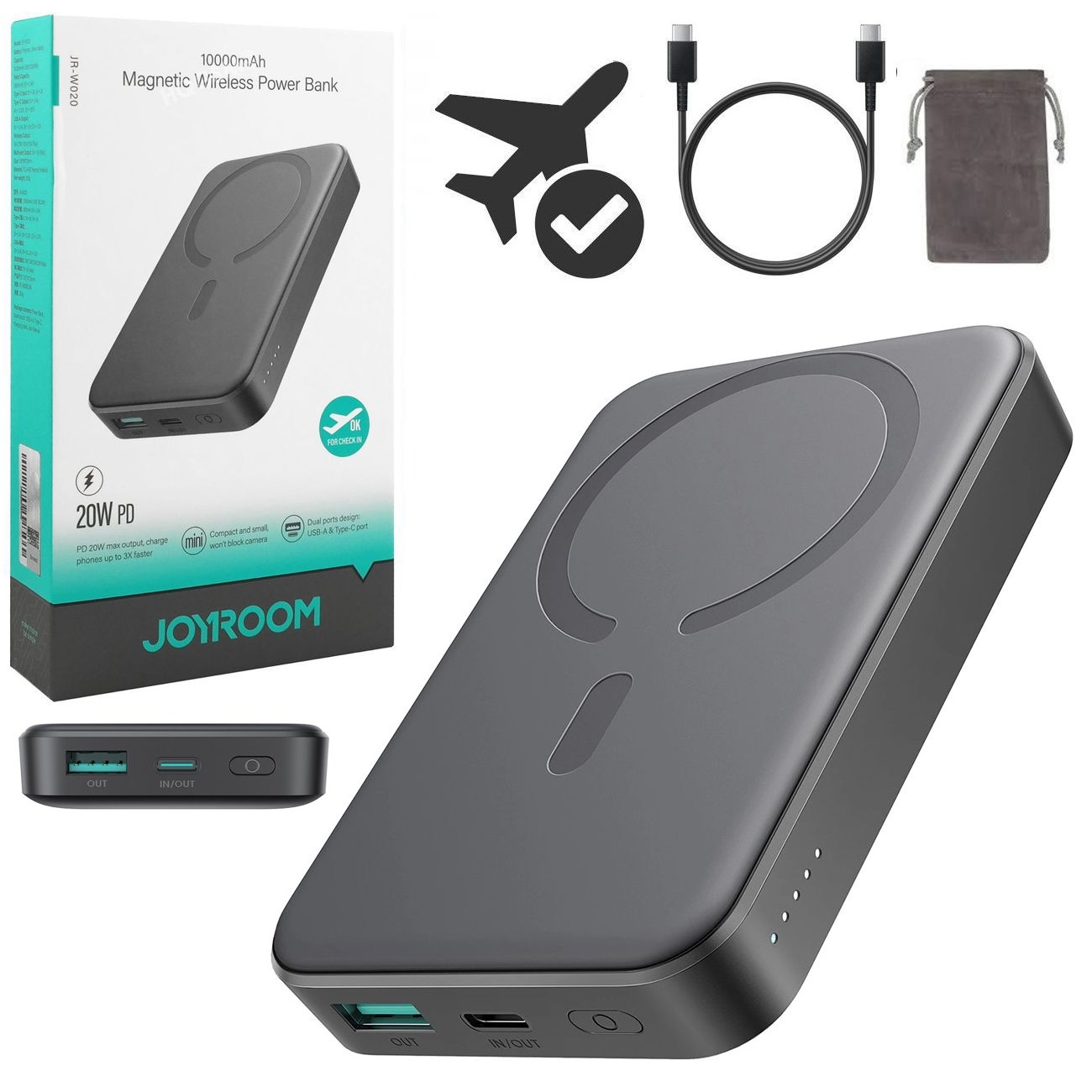 Joyroom | Magnetic Wireless Battery Pack | PowerBank MagSafe USB-C USB-A | 20W 10000mAh | Szary