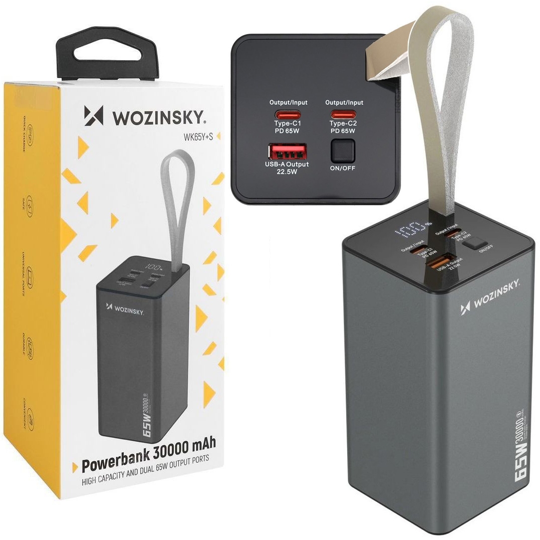 Powerbank QC PD z Wyświetlaczem | USB 2x USB-C | 65W | 30000mAh