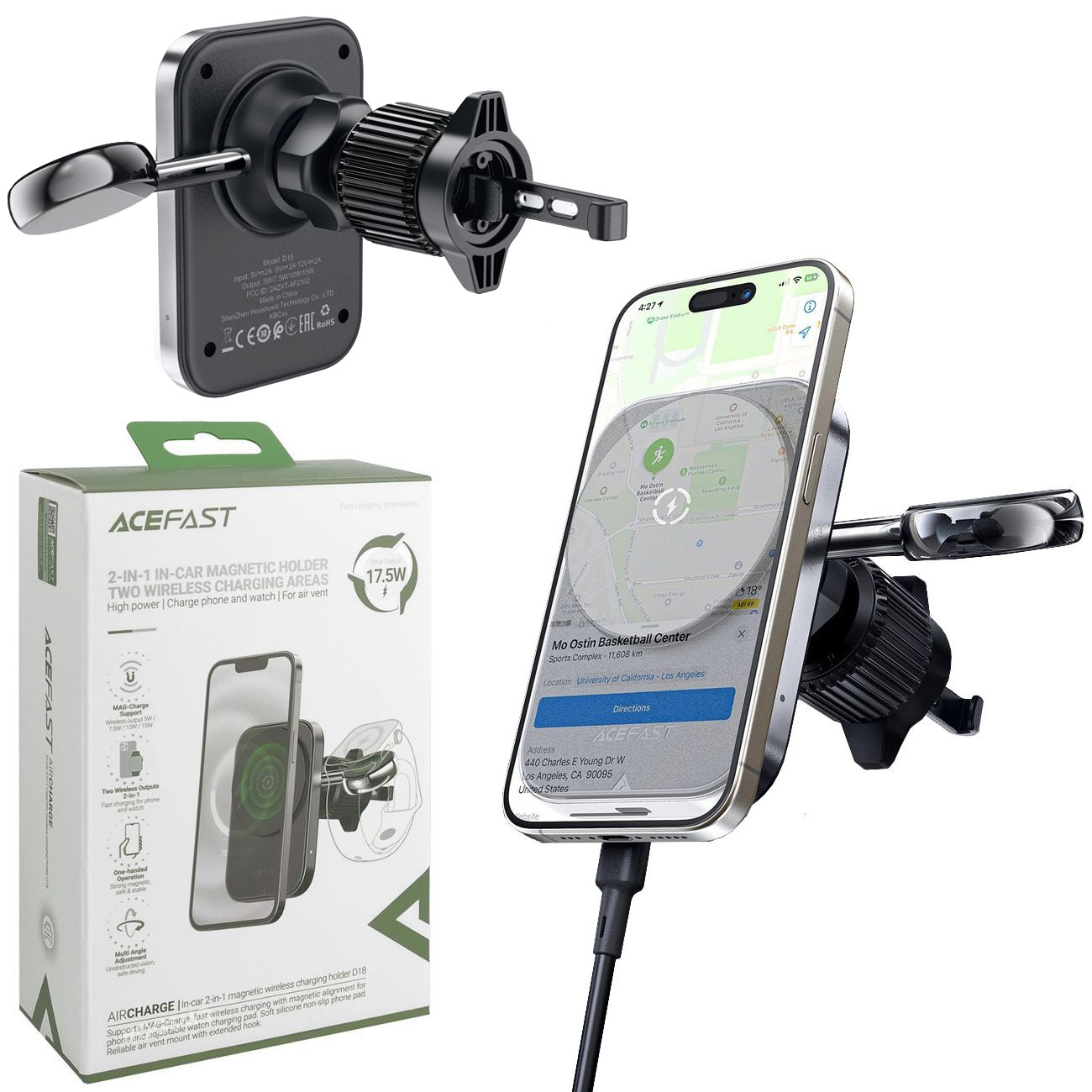 Acefast | Uchwyt Ładujący 2w1 z MagSafe 15W i Apple Watch | do Kratki Nawiewu