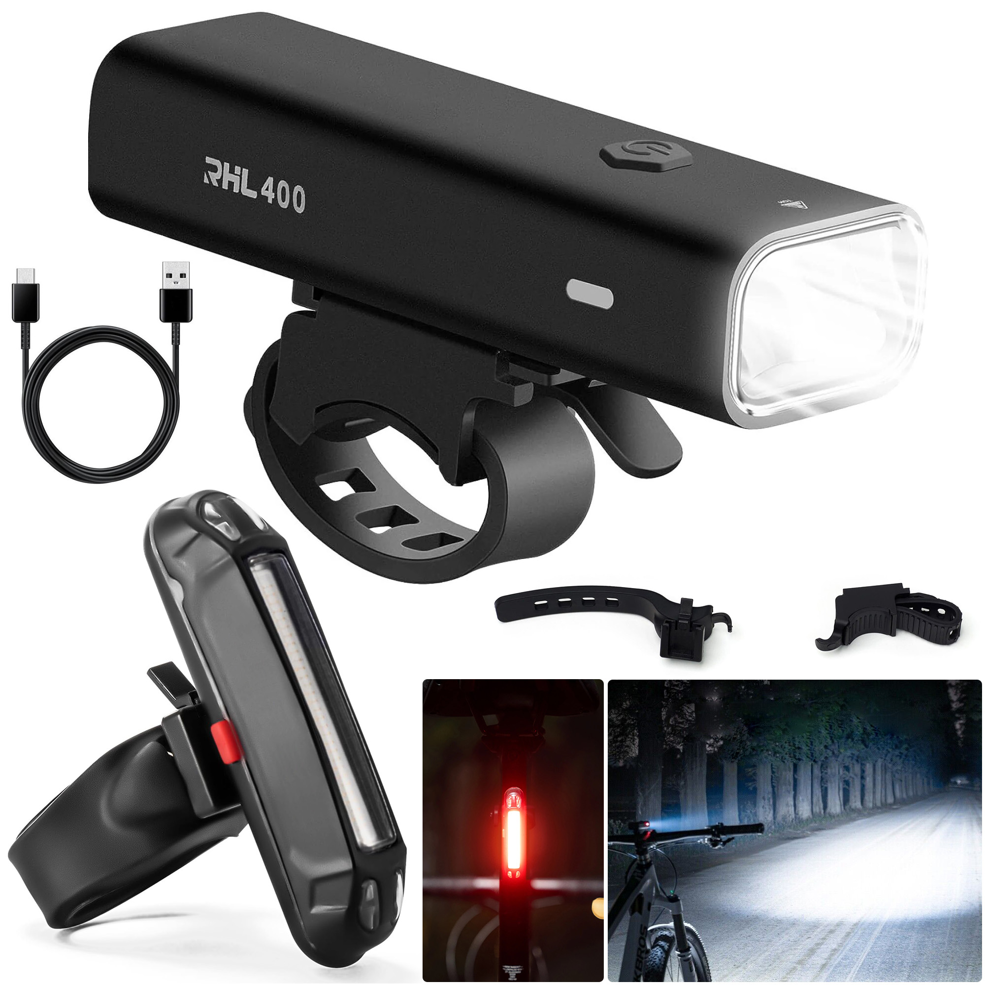 ZESTAW Oświetlenia: Lampka Rowerowa Przednia + Tylna | 400lm + 100lm | IPX6 USB-C