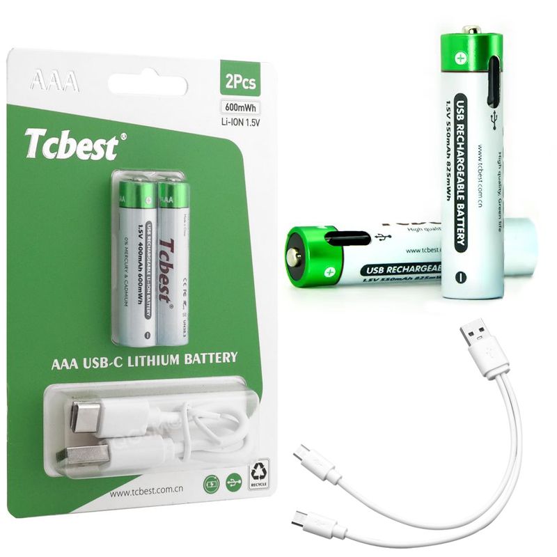 2x Baterie Akumulatorki AAA | 600mWh Li-ION 1.5V z portem USB-C + Kabel