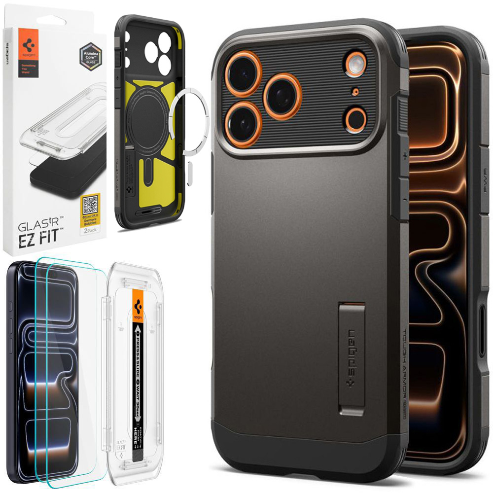 Pancerne Etui SPIGEN Tough Armor „T” z MagSafe | Gunmetal + 2x SZKŁO Spigen do Apple iPhone 17 Pro Max