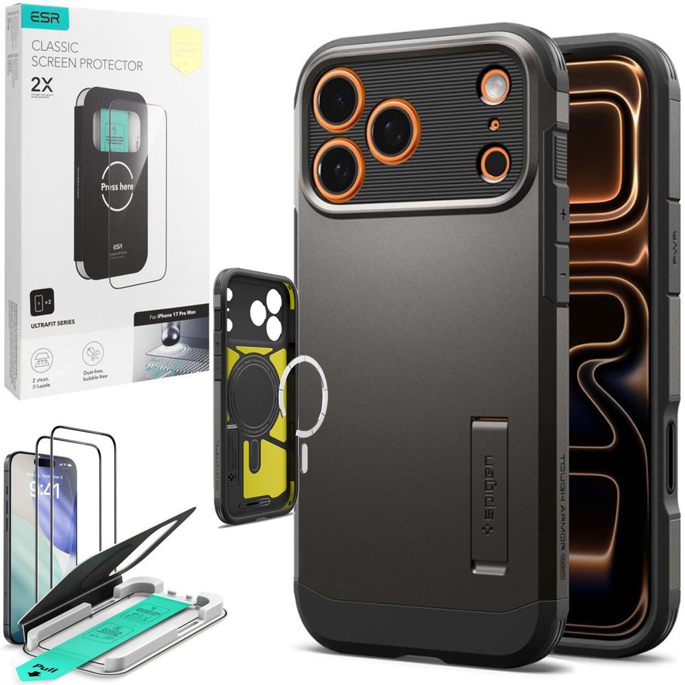 Pancerne Etui SPIGEN Tough Armor „T” z MagSafe | Gunmetal + 2x SZKŁO ESR do Apple iPhone 17 Pro Max