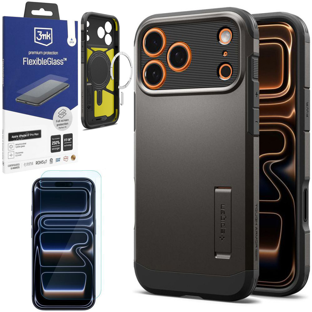 Pancerne Etui SPIGEN Tough Armor „T” z MagSafe | Gunmetal + SZKŁO 3mk do Apple iPhone 17 Pro Max