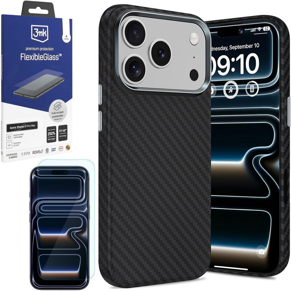 Etui Carbon MagSafe | Silver Black + SZKŁO 3mk do Apple iPhone 17 Pro Max