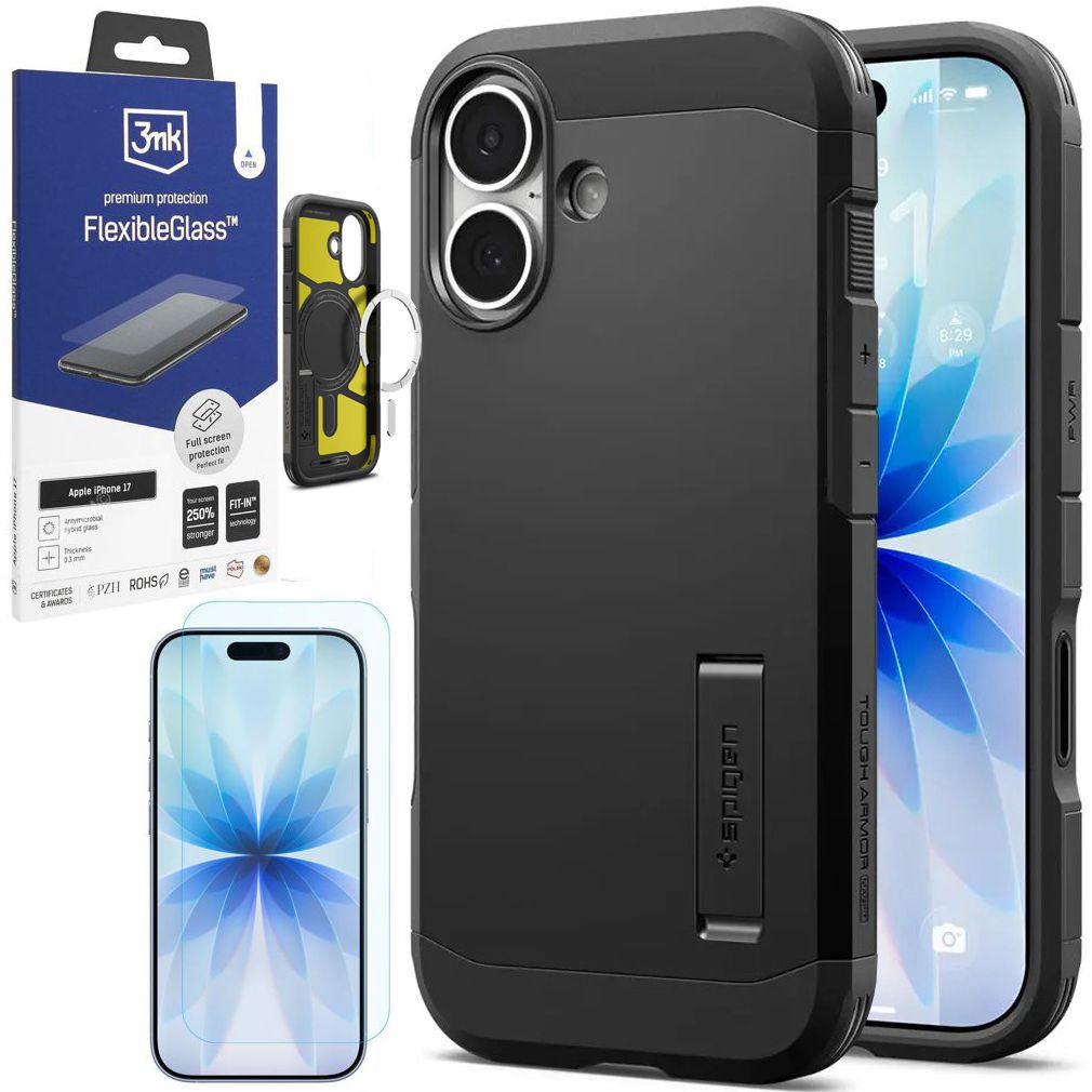 Pancerne Etui SPIGEN Tough Armor „T” z MagSafe | Black + SZKŁO 3mk do Apple iPhone 17 |